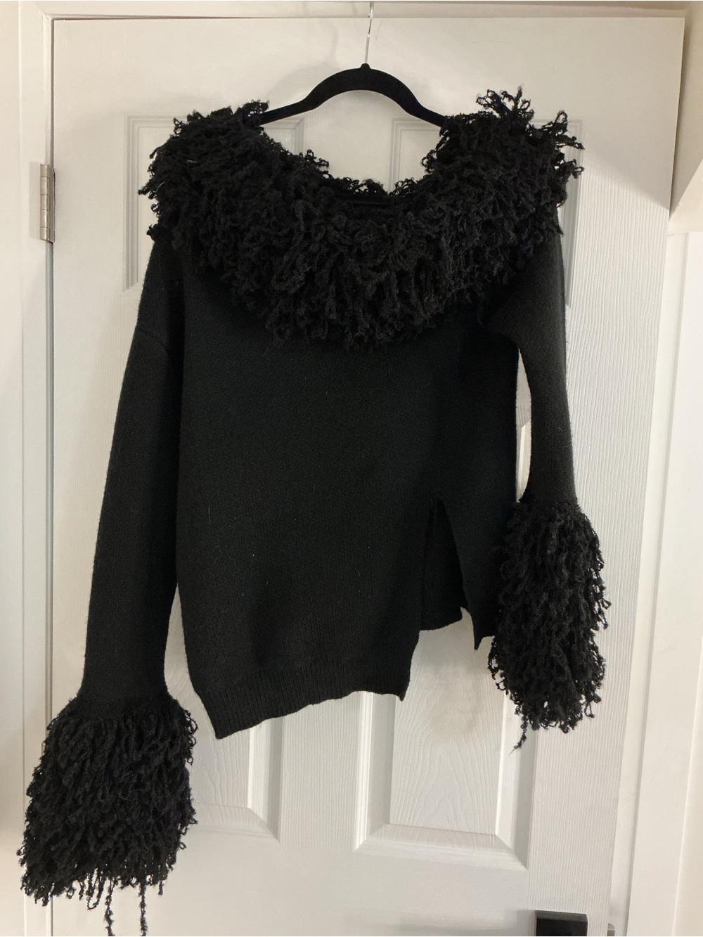 Black Women's Fringe-Trim Off-the-Shoulder Sweater